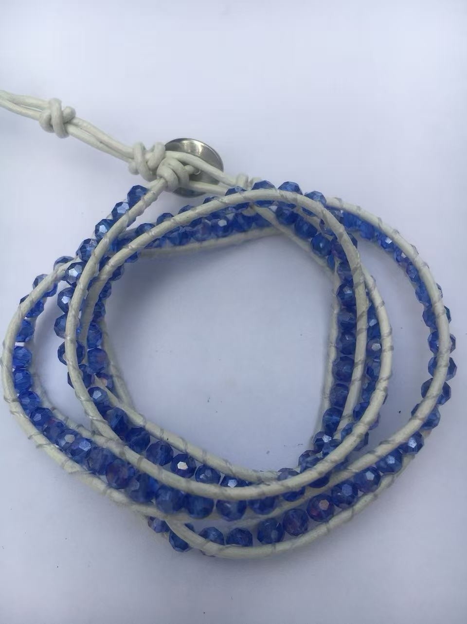 Blue Beaded White Leather Wrap Bracelet, Adjustable Closure, Unisex Adults