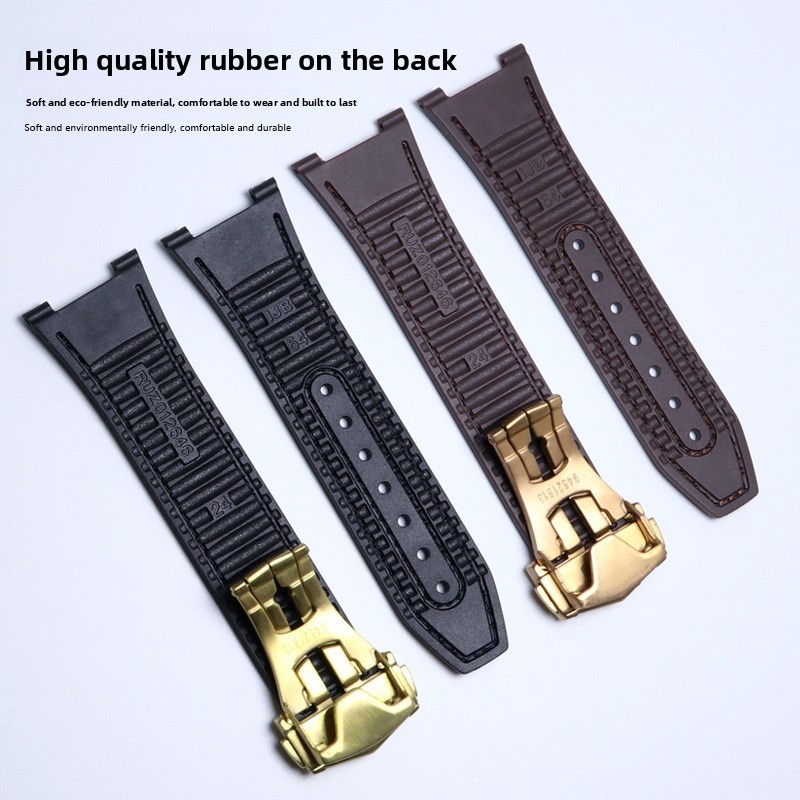 For Omega Constellation Notched Cowhide Genuine Rubber Watch Band Strap 24x18mm