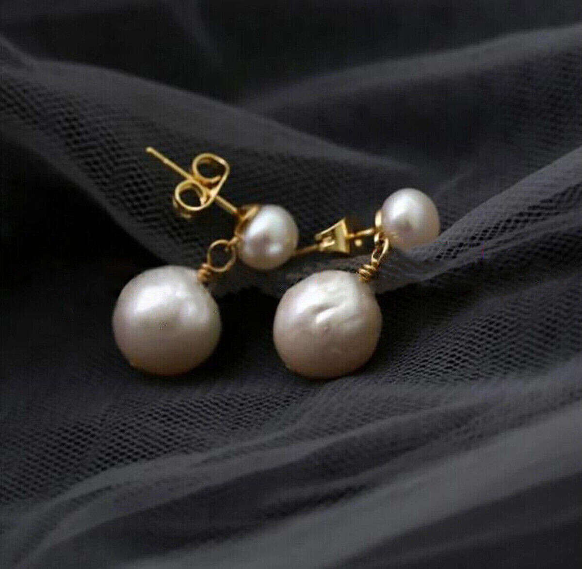 11-12mm Natural White South Sea Baroque Edison Double Pearl Dangle Stud Earrings