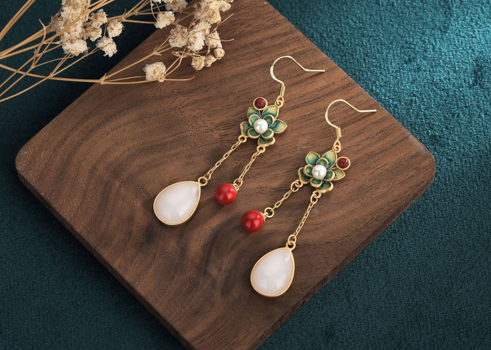 Jade Bohemian Drop Dangle Earrings Flower Dainty Gemstone Hook 18K Gold Plated