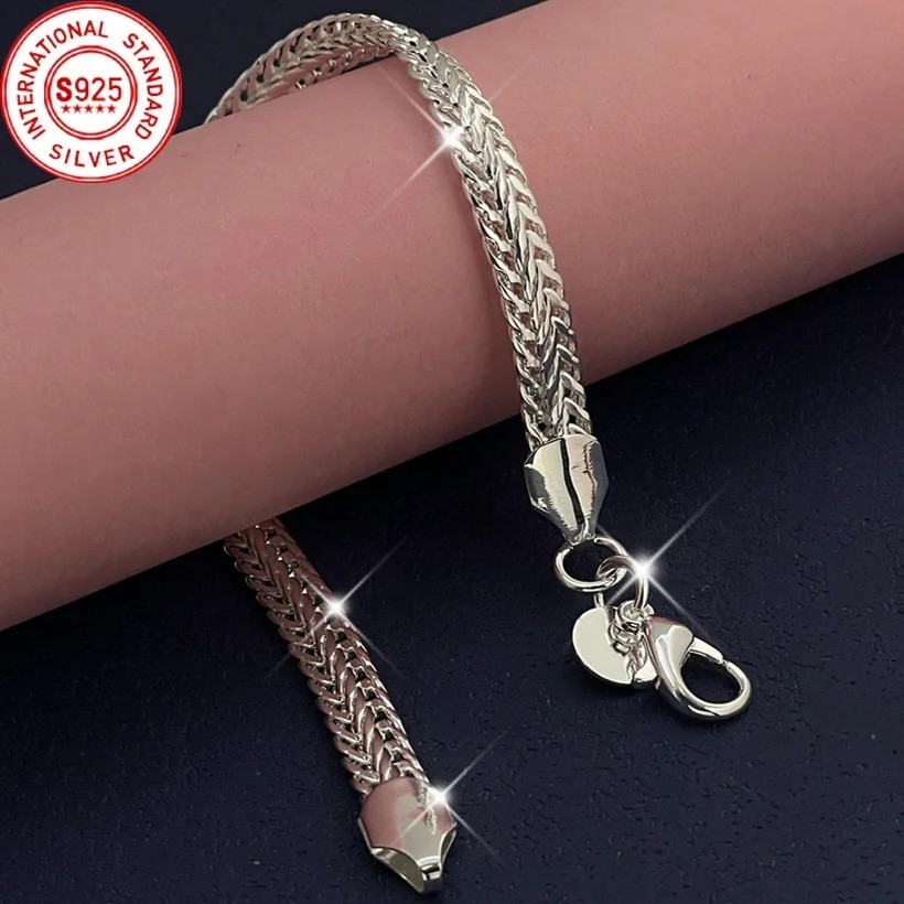 925 Sterling Silvery 6MM Flat Snake Chain Bracelet for women lady men Solid Side