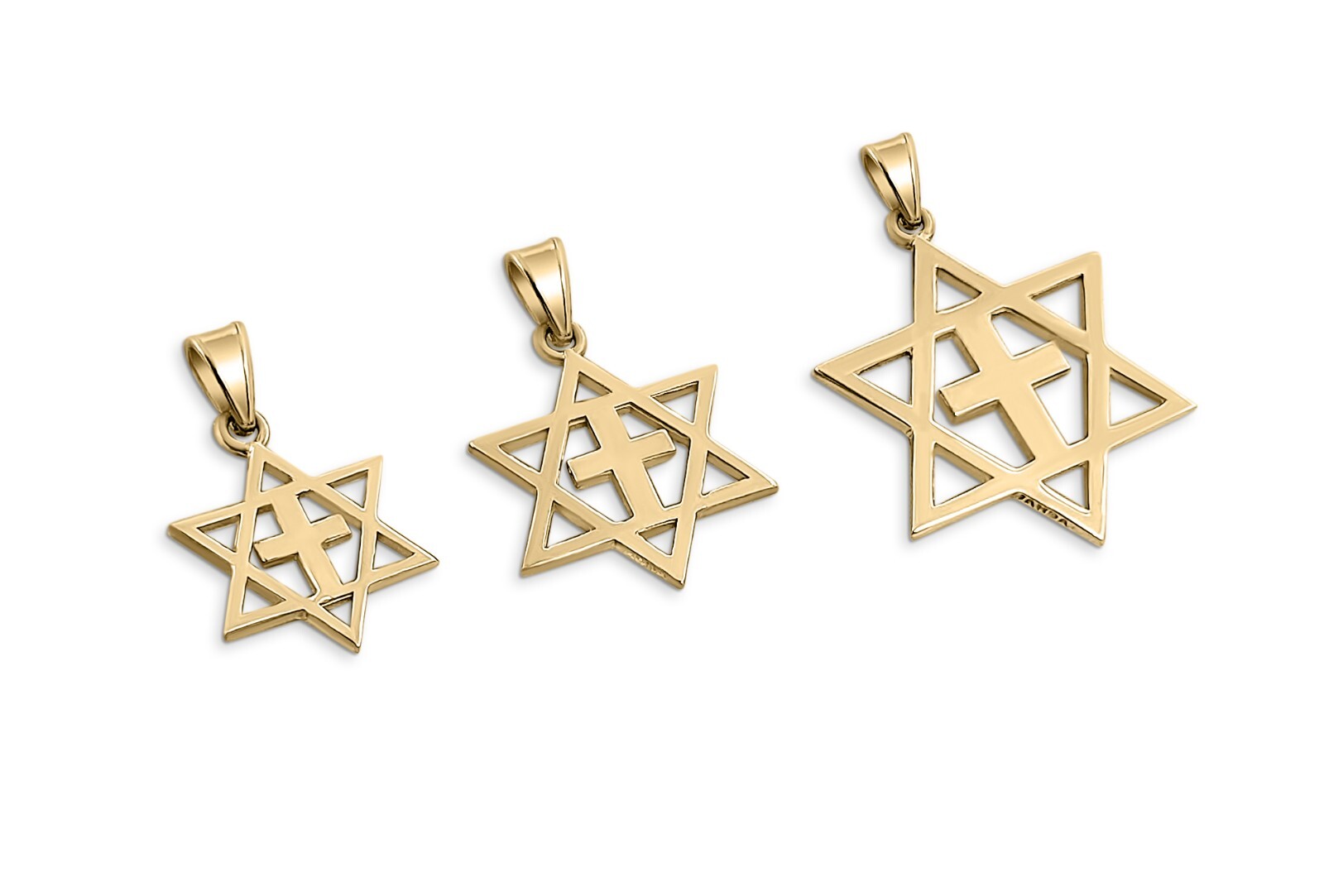 Solid 10K Yellow Gold Messianic Star of David with Cross Pendant, 3 Sizes