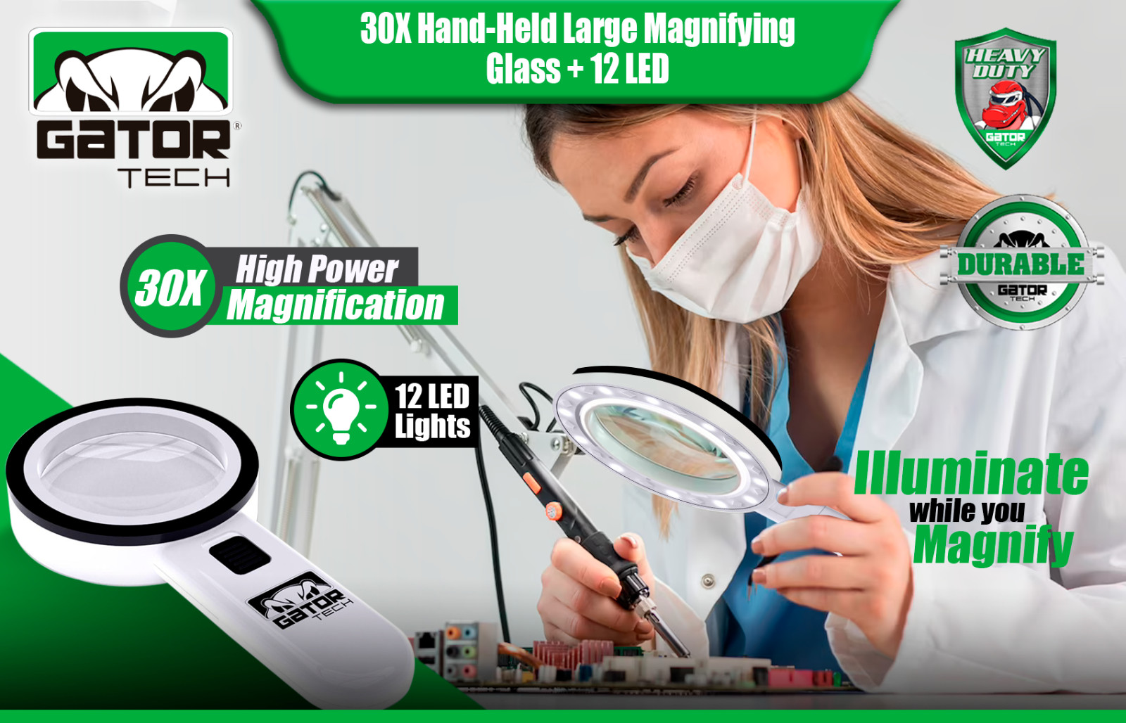 Magnifying Glass Bright LED Light Handheld Jumbo Illuminated 30X Magnifier Large