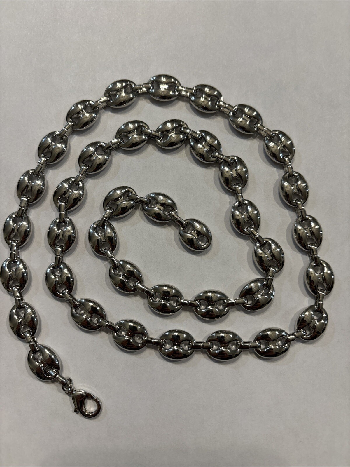 14k White gold Plated Puffy Puffed Anchor Mariner Link Chain Necklace 1cm 26inch