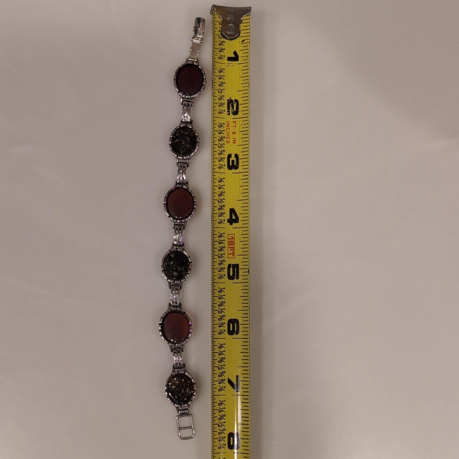 925 Sterling Silver Link Bracelet Oval Cabochon Bezel Red Stones 8 in