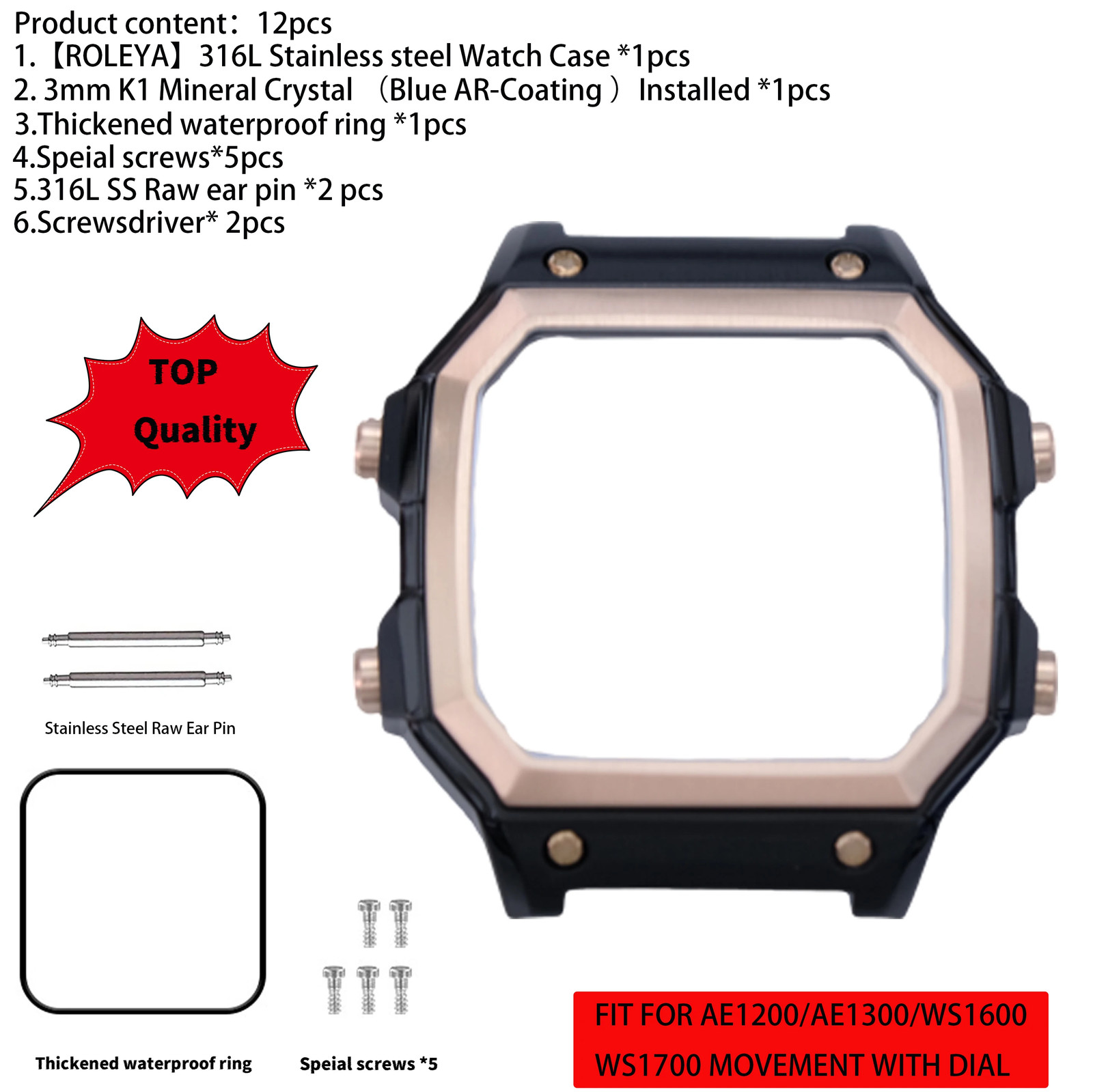 Suitable For Casio AE1200 Watch Case Mod Kit 316L Stainless Steel Glass 10ATM