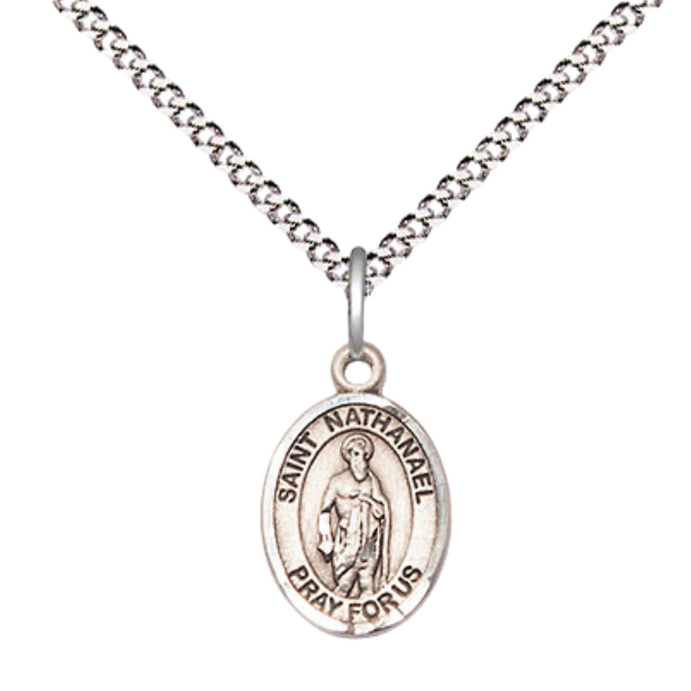 Small Pewter Saint Nathanael Medal Pendant 18″ Lobster Claw Chain Necklace