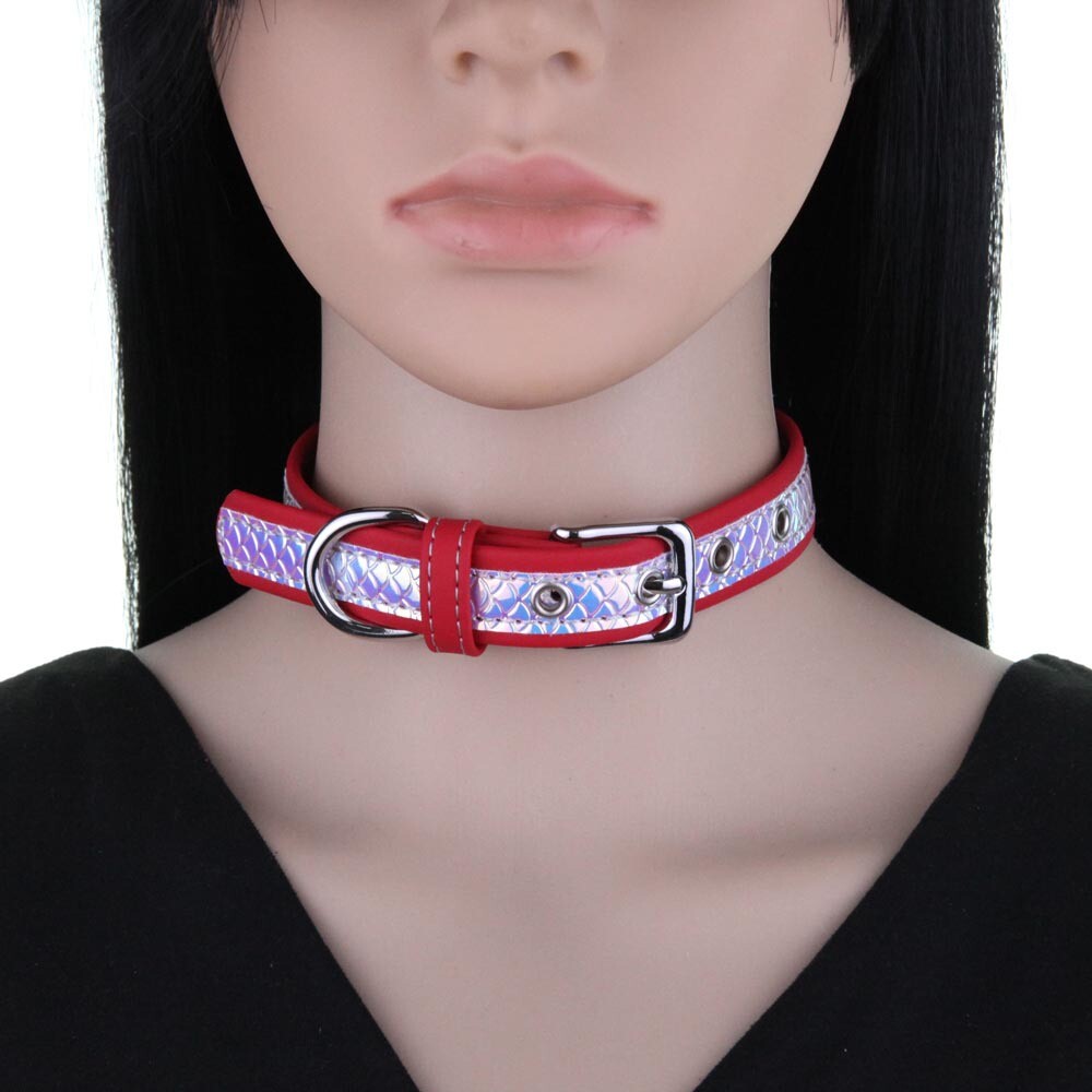Double Color Splicing Sequined Fish Scale Leather Choker Collar Necklace Chain