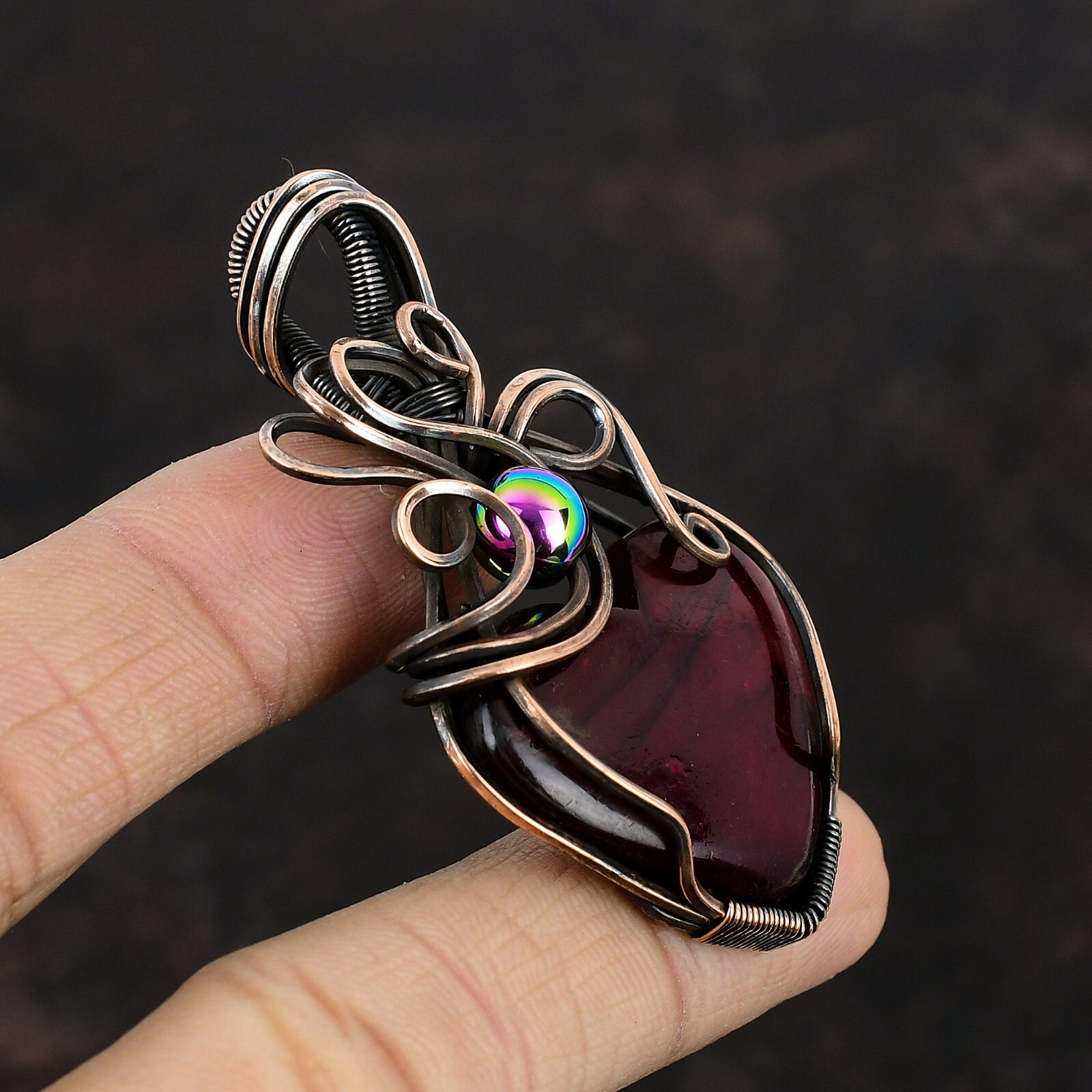 Red Fire Labradorite Pendant Handmade Gemstone Jewelry Copper Wire Wrap Pendant