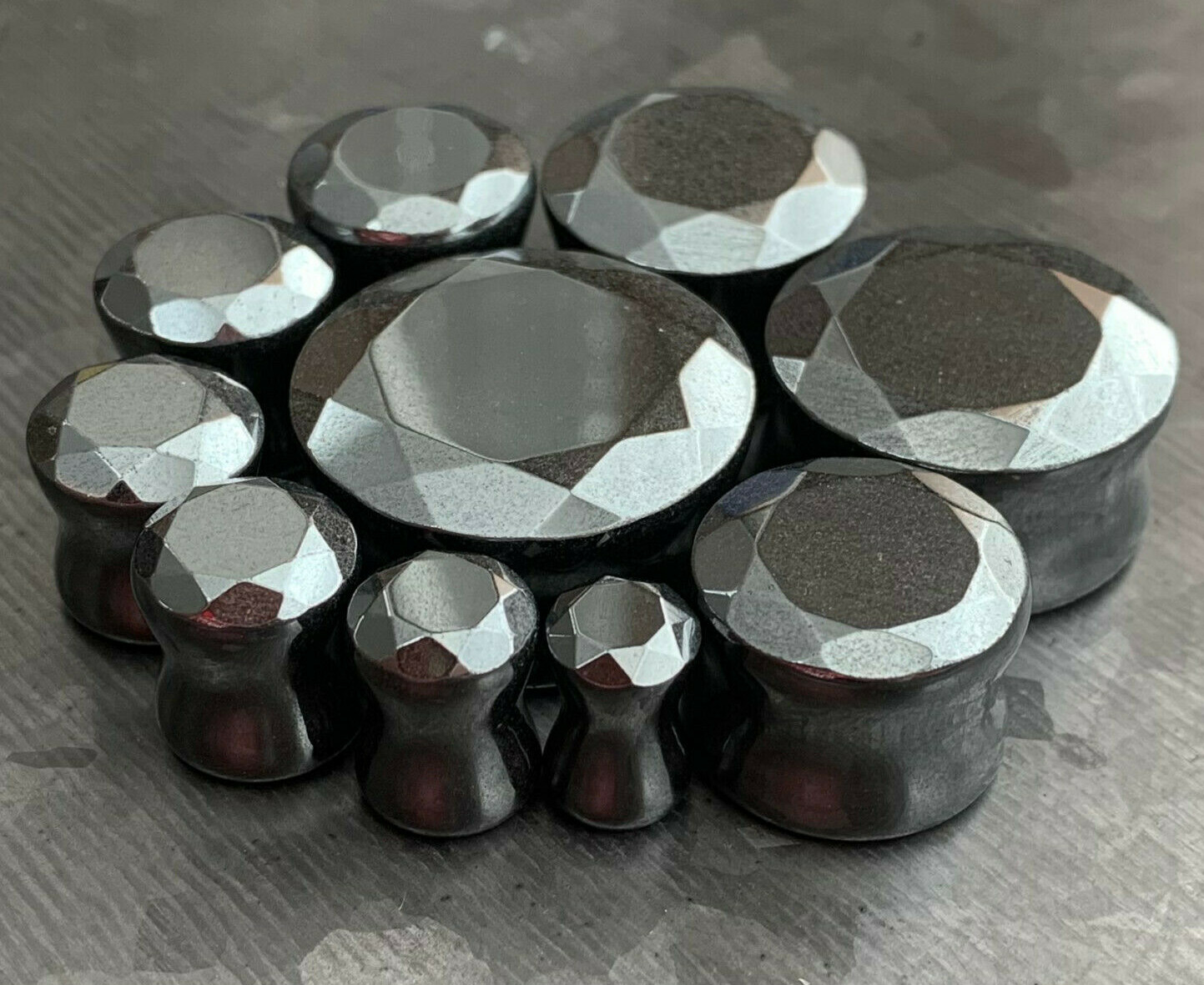 PAIR Faceted Hematite Stone Double Flare Plugs Gauges Body Jewelry
