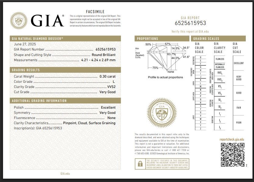 Color L/VVS2 Clarity GIA CERTIFIED Natural Diamond 0.30 Ct Loose Round 4.2 mm