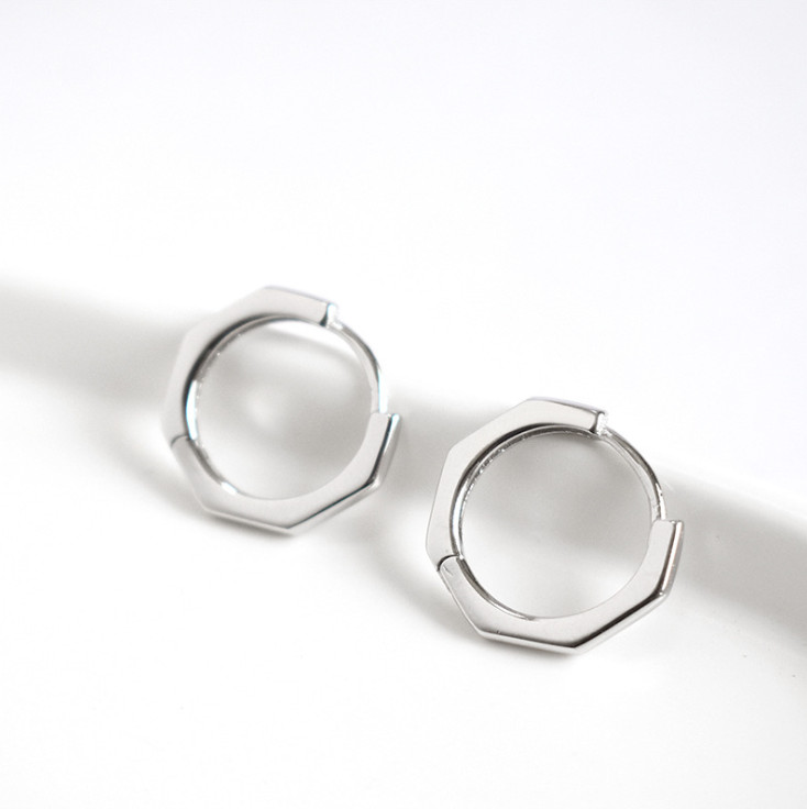 Solid 925 Sterling Silver Octagon Huggie Hoop Earrings Plain 15mm Men Women D25