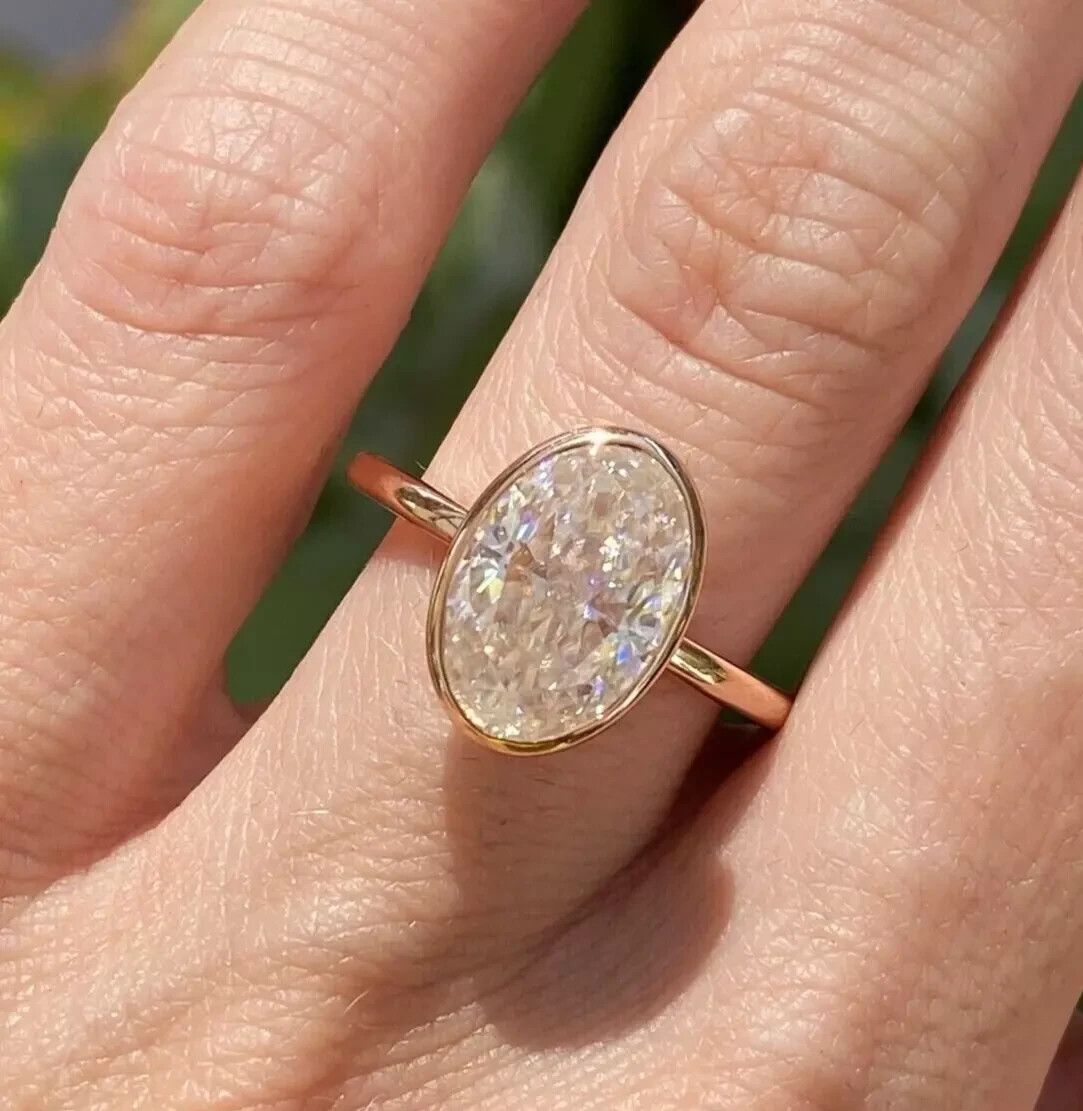 3Ct Oval Cut Lab Created Diamond Bezel Set Wedding Solitaire Ring 14K Gold FN