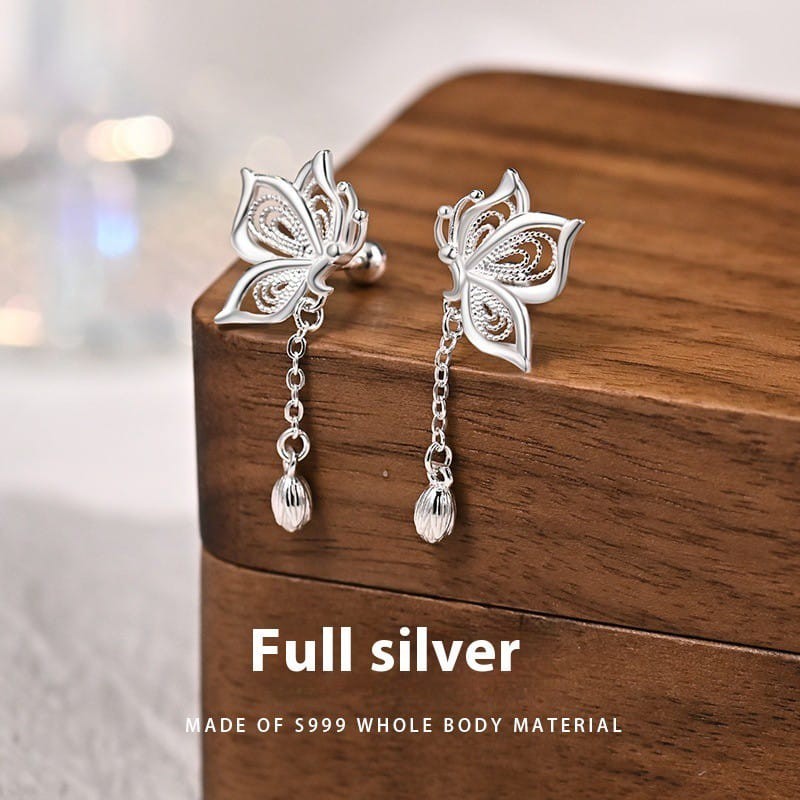 999 Sterling Silver Butterfly Tassel Earrings Women Sweet Drop Dangle Jewelry
