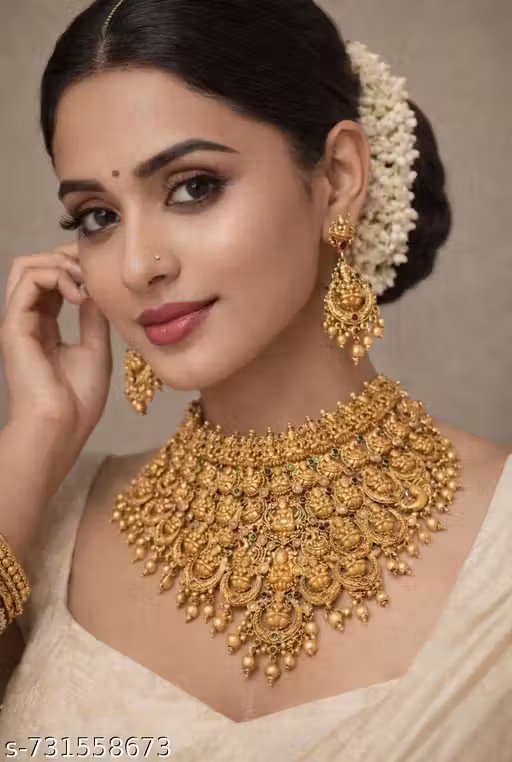 Traditional south indian Temple Jewellery Necklace Set with Earrings for Women