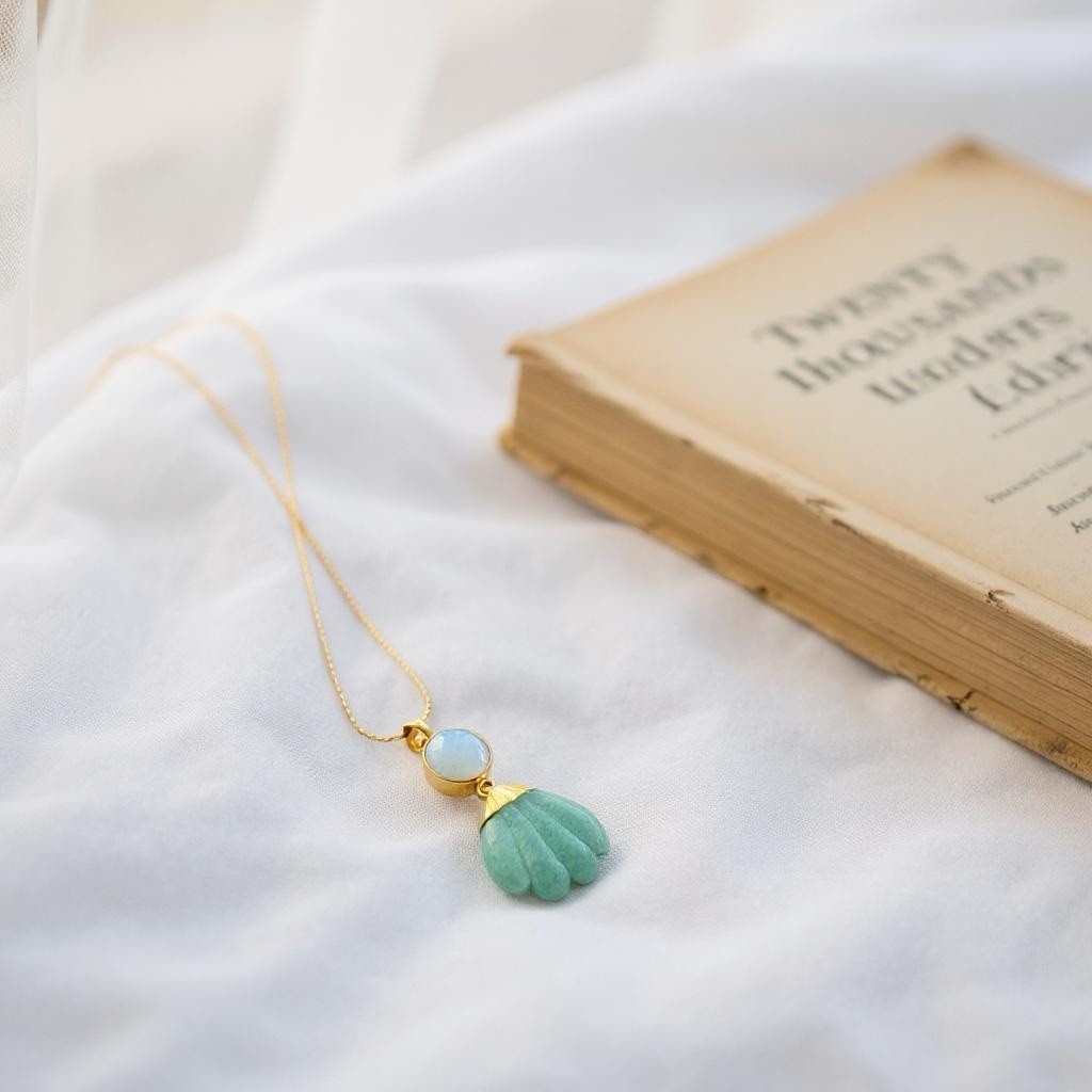 Gold-plated opalite and Amazonite shell pendant and earring set.