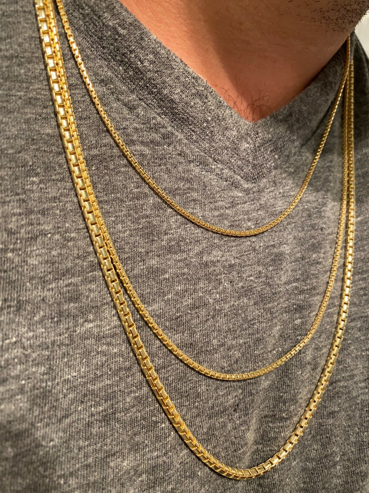 14k Gold Plated Solid 925 Sterling Silver Rounded Box Chain Necklace Men Ladies