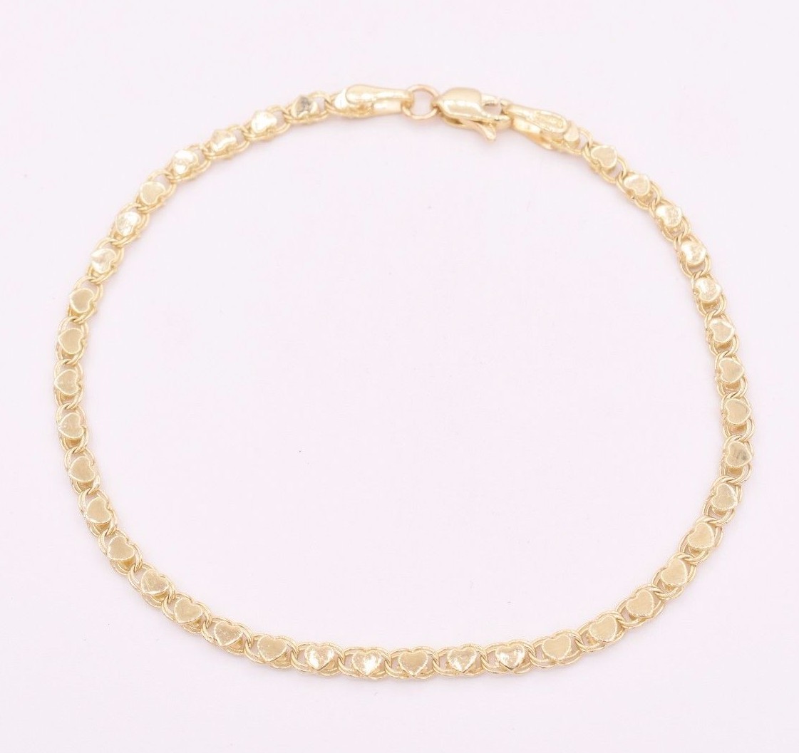 3.3mm Reversible Mirrored Heart Link Bracelet Real Solid 14K Yellow Gold