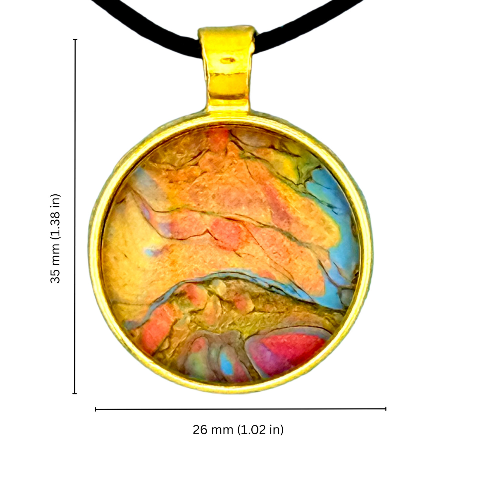 Pendant Necklace Handmade “Sunset Mountain” Gold Bezel 25mm Black Cord