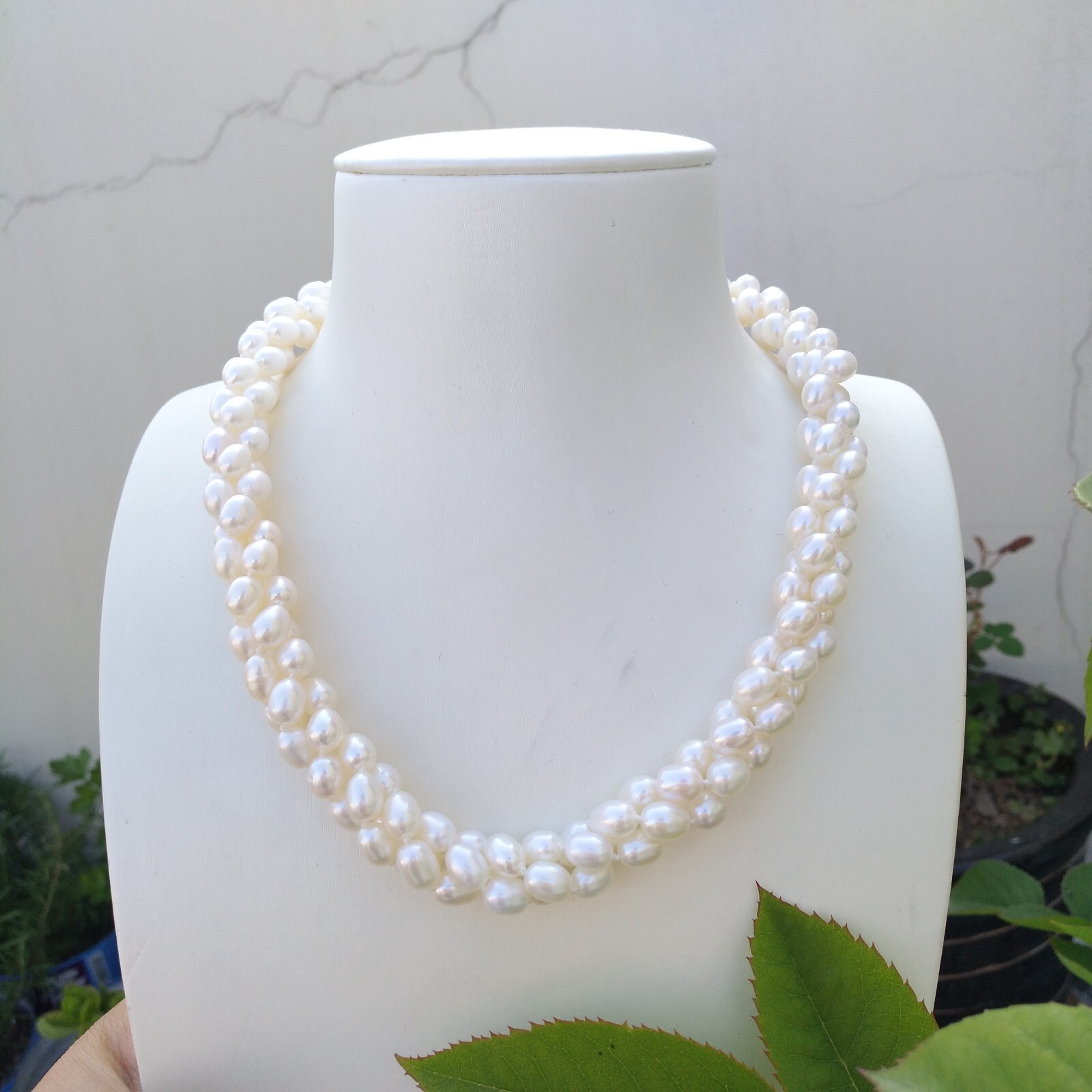 Fine 3 Rows Twist AAA+ Natural Akoya White Oval Pearl Necklace 17in 14k Gold P