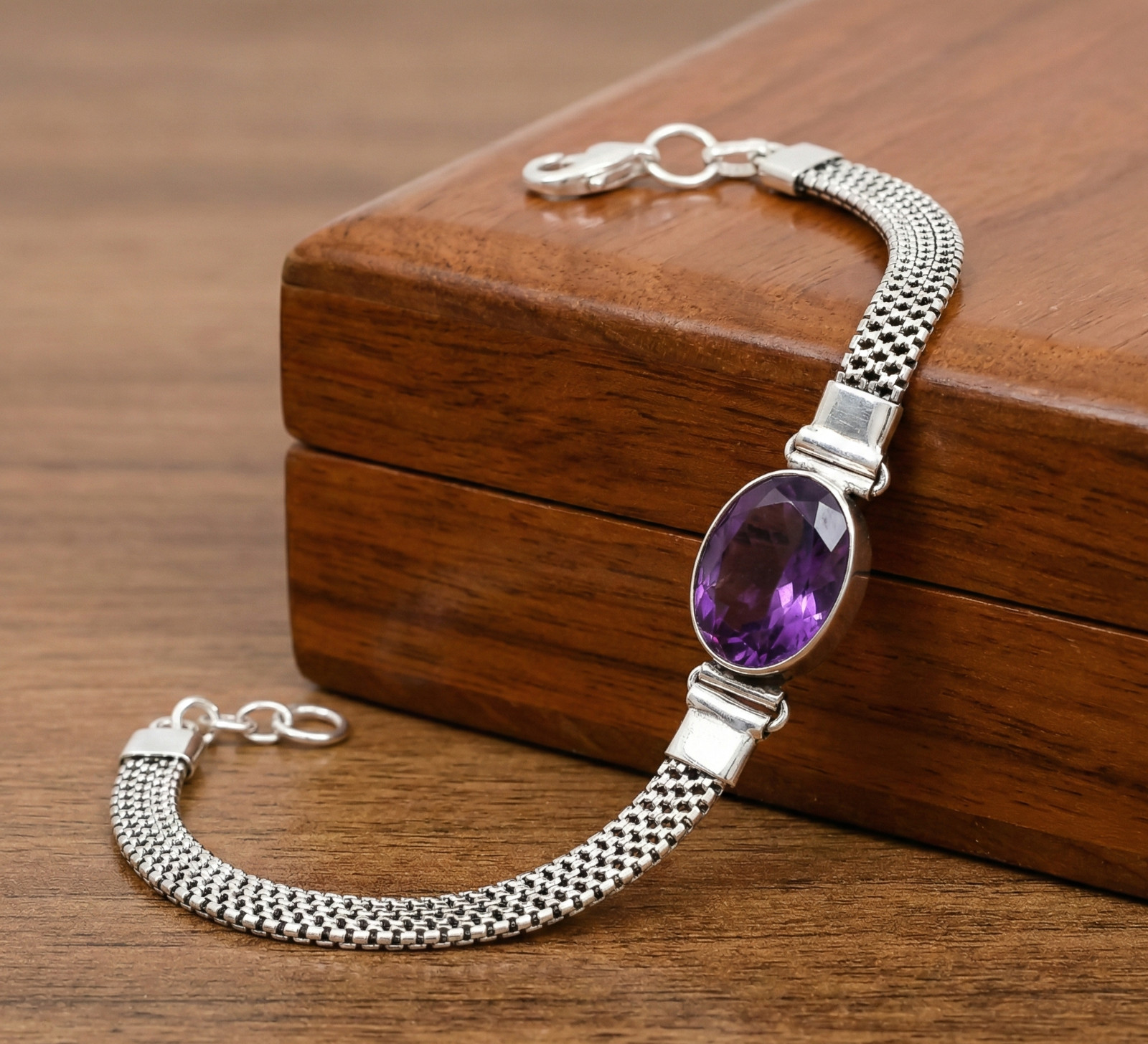 Purple Amethyst Gemstone Handmade 925 Sterling Silver Jewelry Chain Bracelet