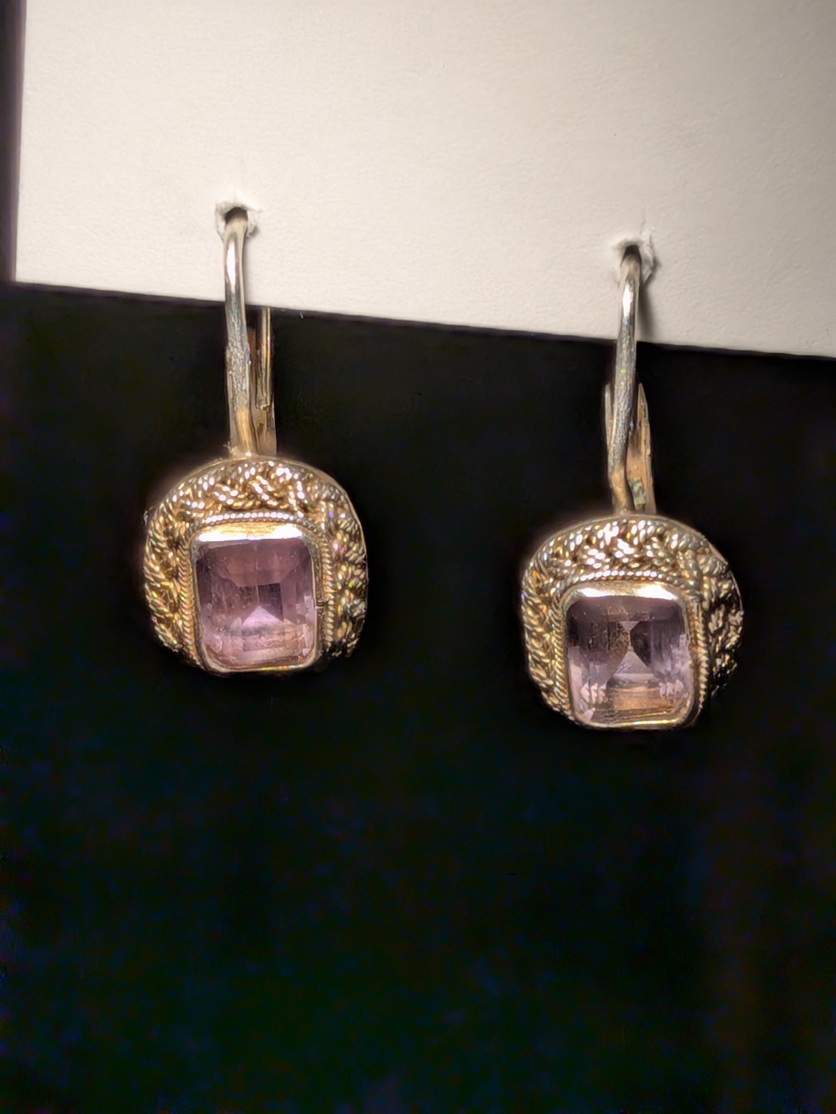 925 STERLING SILVER GOLD TONE BRAIDED SIMULATED AMETHYST LEVER BACK EARRINGS