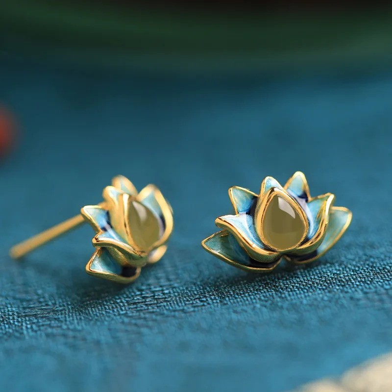 Natural Green Jade Gemstone Lotus Flower Stud Earrings 925 Sterling Silver