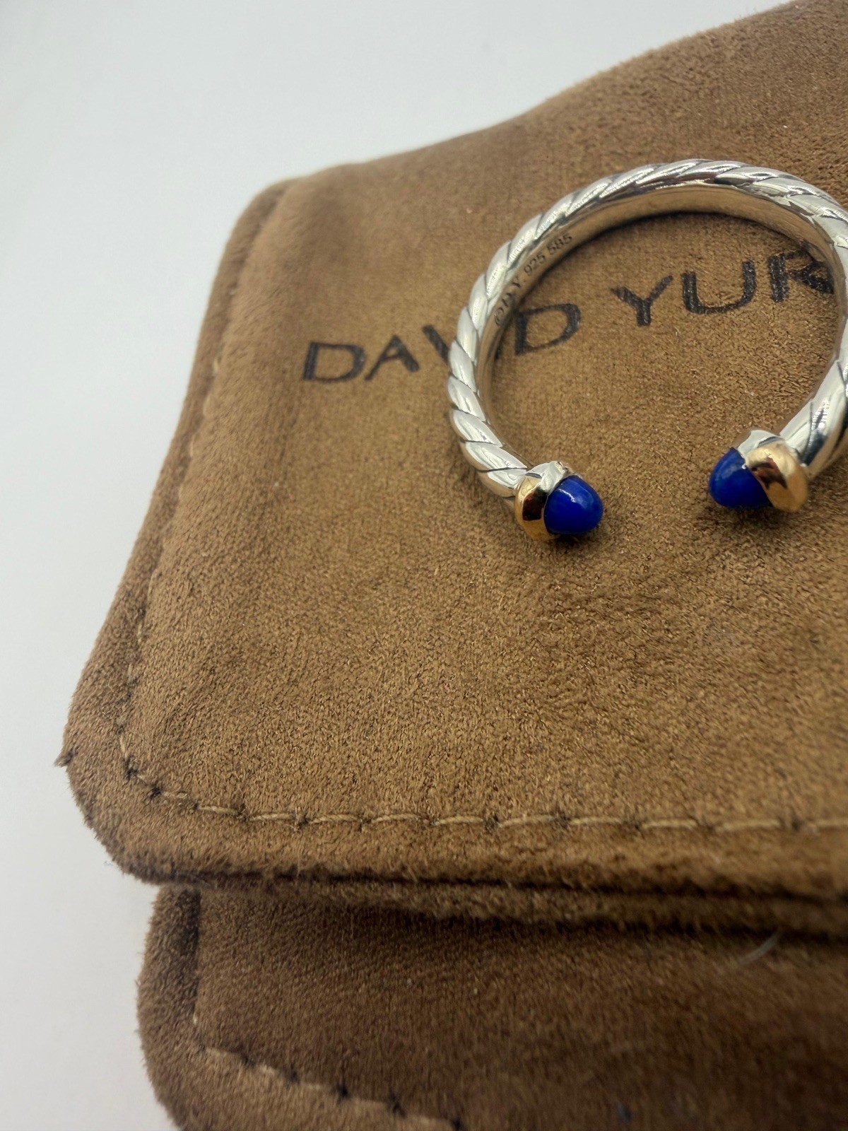 David Yurman Sterling Silver Petite Cable Open Ring W/ 14k Gold & Lapis Size 7