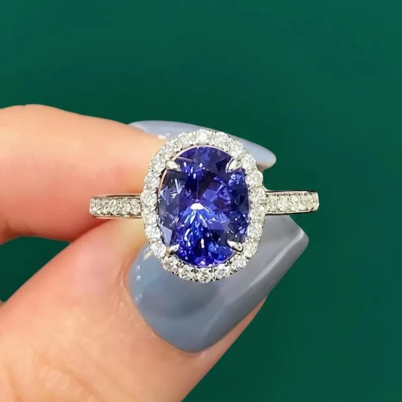 2CT Oval Natural Tanzanite & Diamond Halo Engagement Gift Wedding Ring 14k Gold
