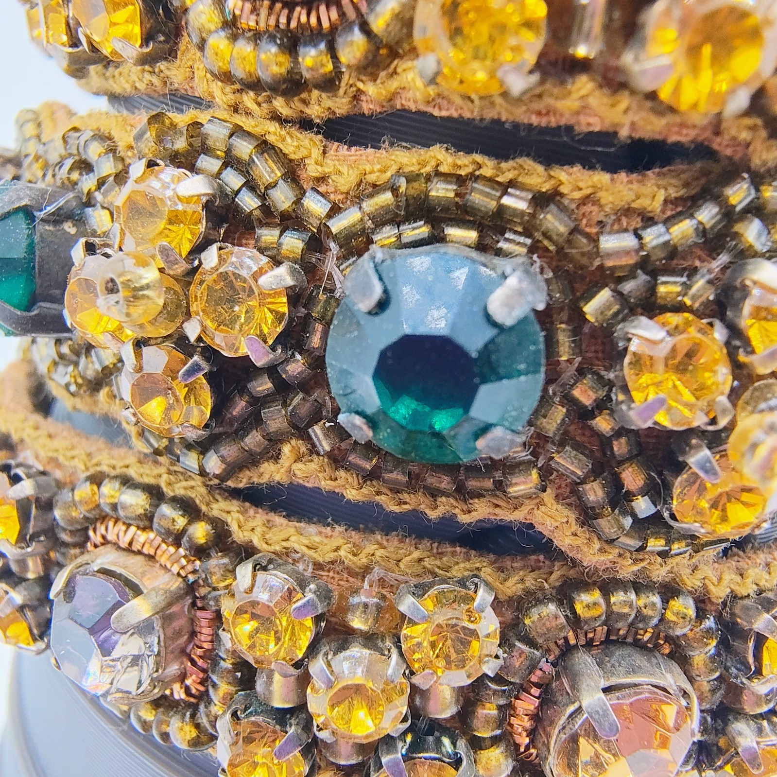 Bohemian Maximalist Cuff Bracelet Faux Leather Green Amber Color Rhinestone