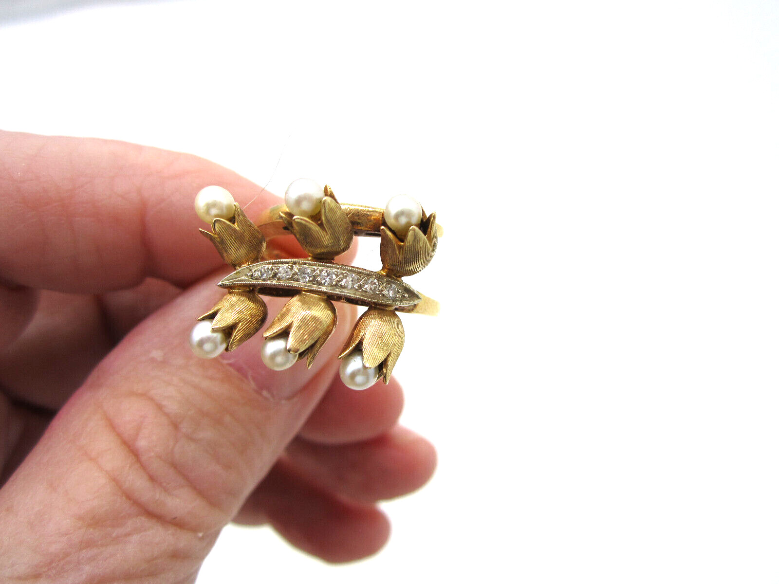 Estate Elegant Vintage 14K Yellow Gold Pearl Diamond Tulip Flower 7.7 Gram Ring