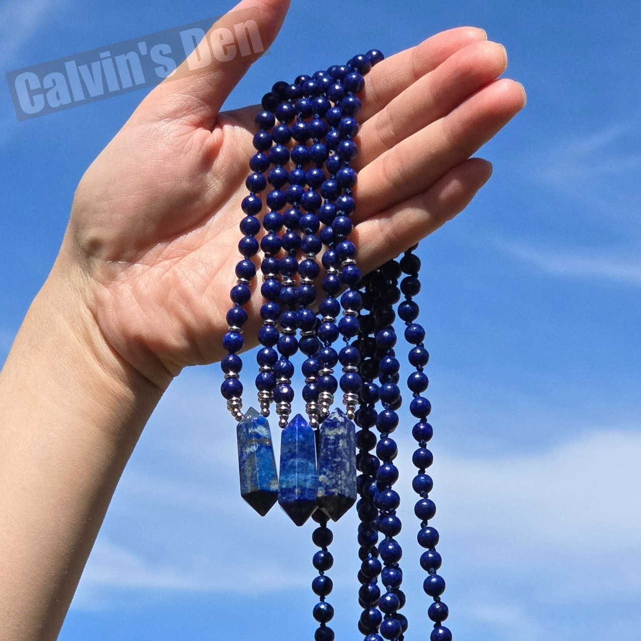 Lapis Lazuli Bead Necklace + Lapis Lazuli Crystal Point Pendant Handmade Gift