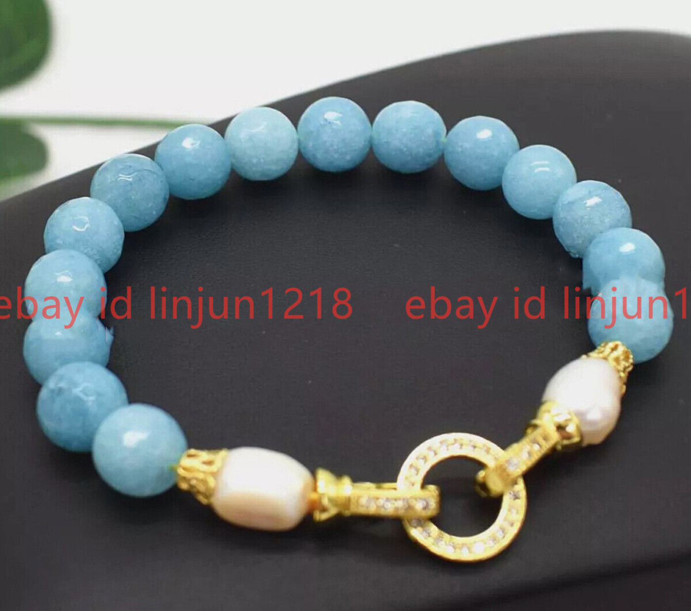 Natural 8mm Aquamarine Round Gemstone Bead White Freshwater Pearl Bracelet 7-9in