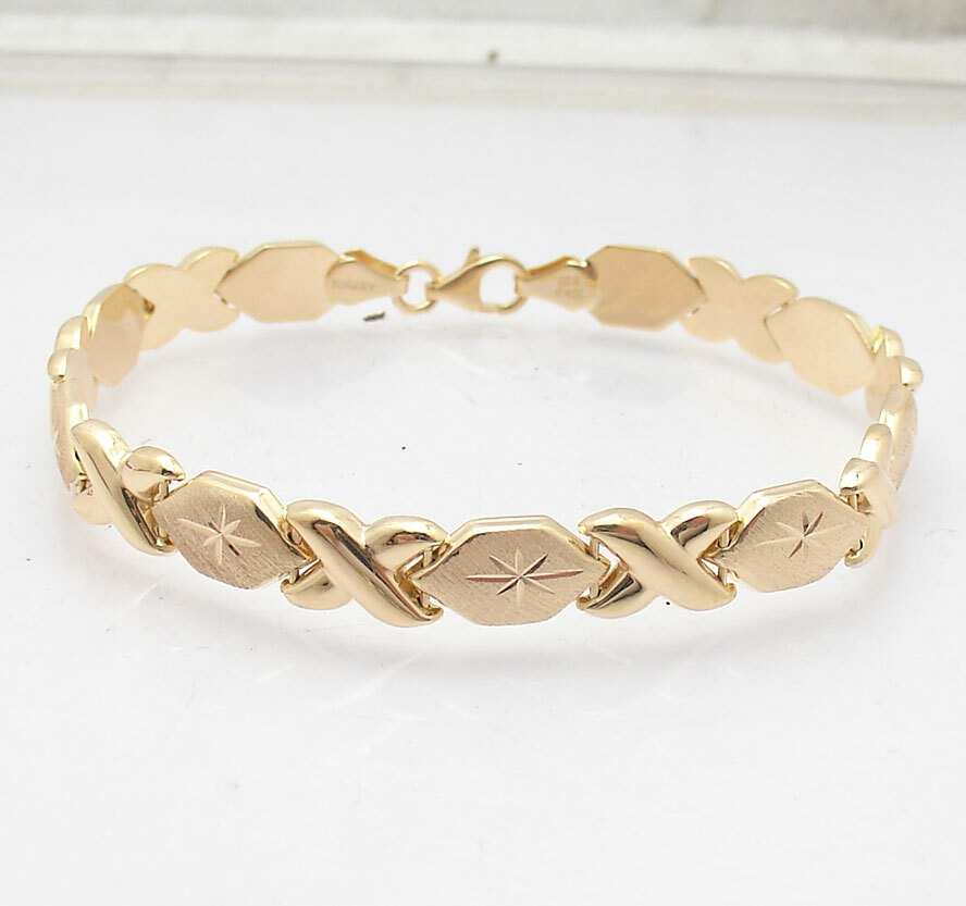 7″ Hugs & Kisses XOXO Bracelet 10K Yellow Gold Plated Real Sterling Silver 925