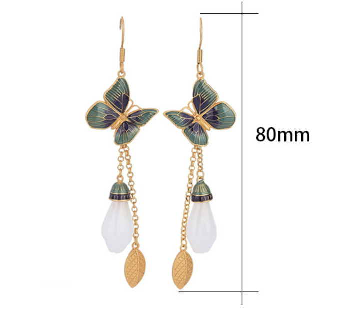 Jade Bohemian Drop Dangle Earrings Flower Butterfly Gemstone 18K Gold Plated
