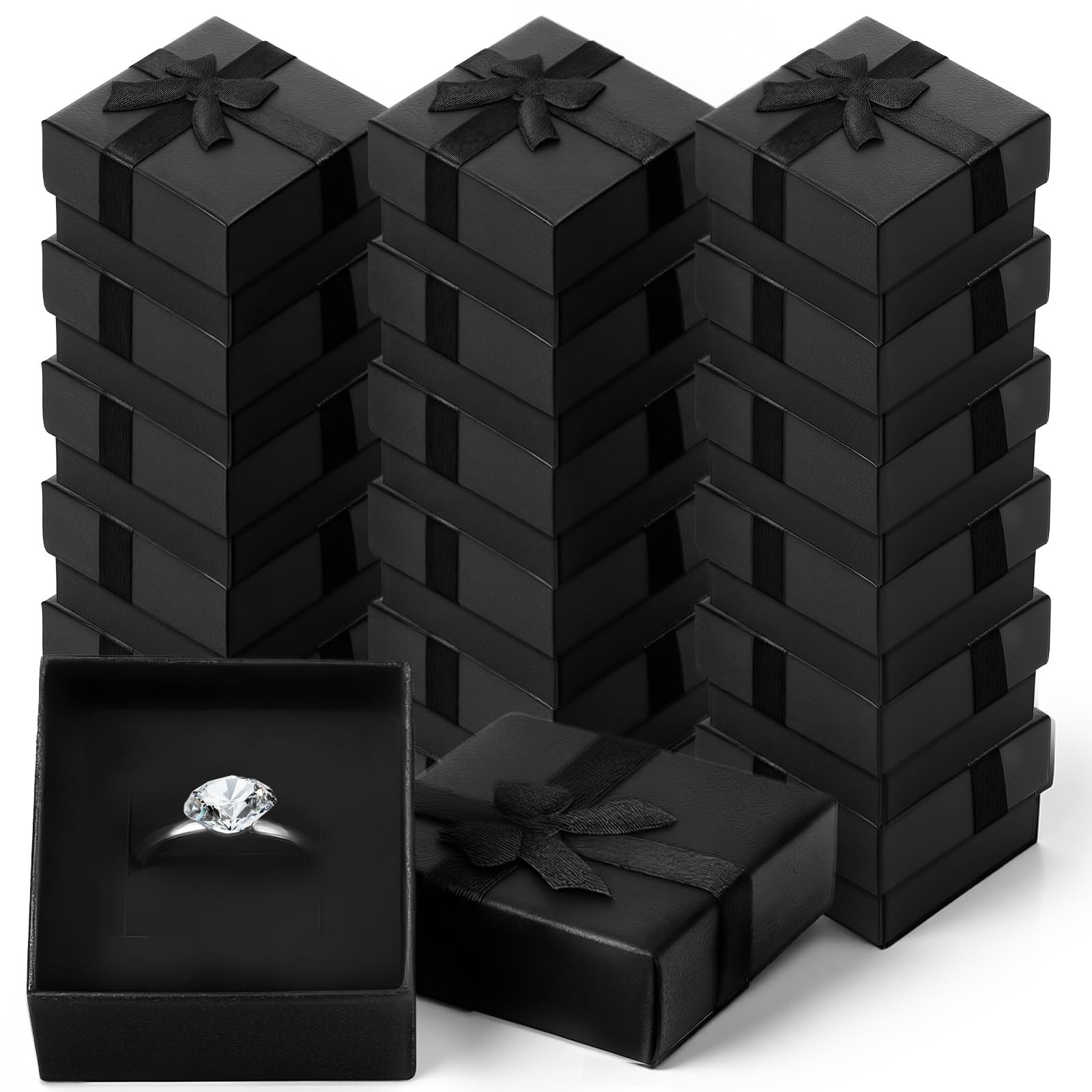 72 Pcs Square Jewelry Ring Boxes with Ribbon Bow – Cardboard Gift Box Set, Black