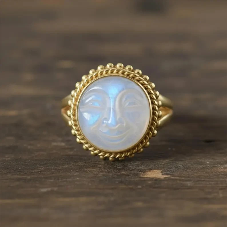 14K Gold Moonstone Face Ring | Hand Moon face Carved Statement Ring Gift