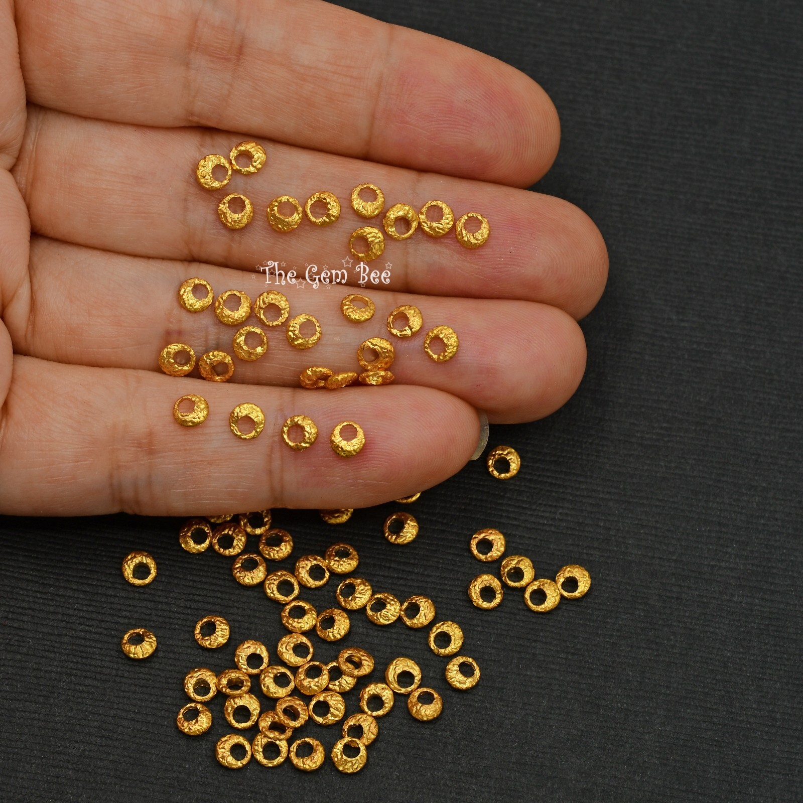 4mm 18k Solid Yellow Gold Hefty Disc Textured Rustic Nugget Spacer Beads (5)