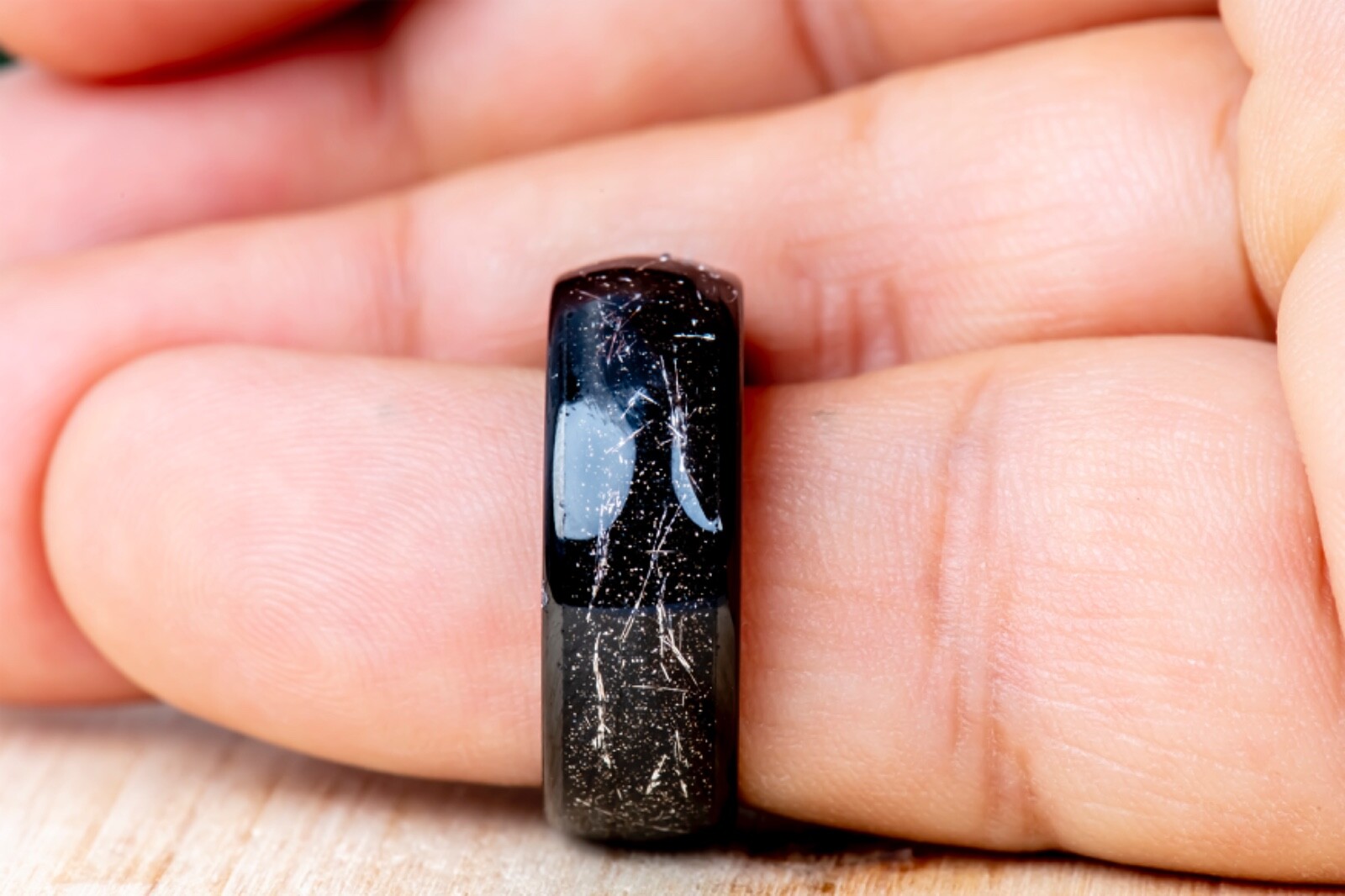 Black Domed Tungsten Ring Imitation Meteorite Inlay Mens Black Wedding Band