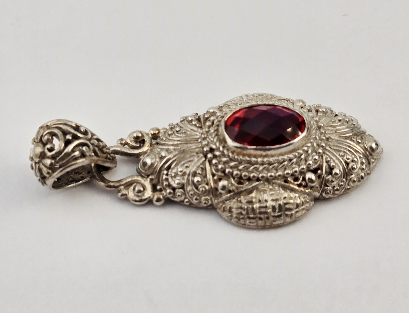 Sterling Silver Red Gemstone Sarda Filigree Pendant Bali Enhancer – 12.0g