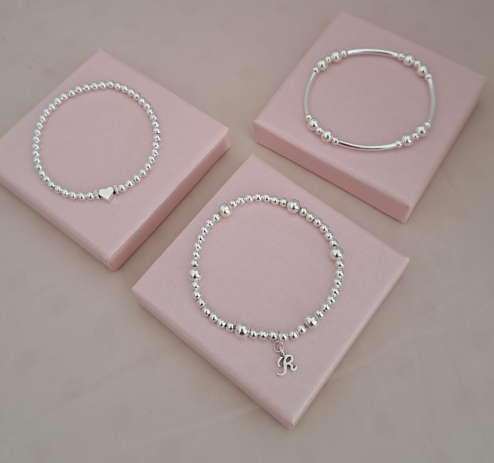 Personalised Initial Heart Bracelet Set Silver Bead Stacking Gift Women