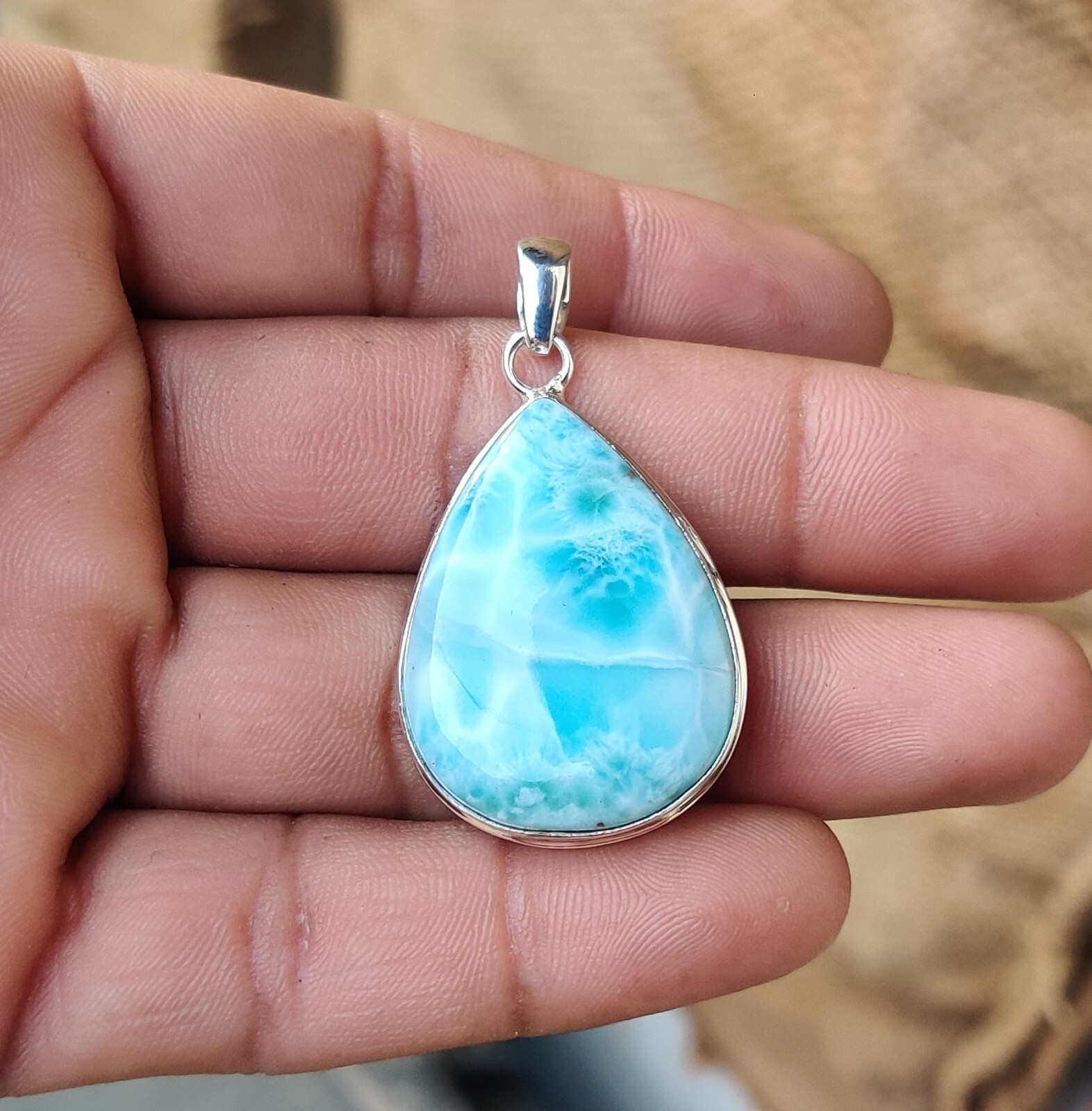 Larimar Gemstone 925 Sterling Silver Handmade Magnificent Pendant Gift PG1351