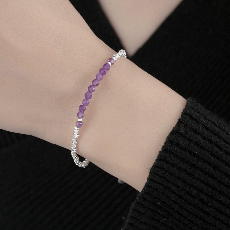 Amethyst Purple Crystal Sterling Silver Beaded Healing Protection Women Bracelet