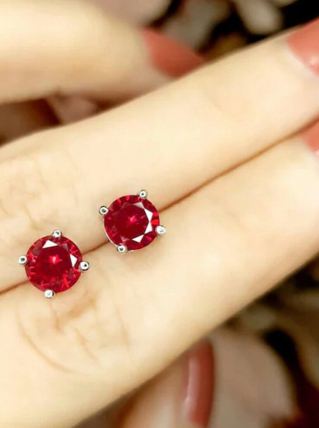 4 Ct Round Cut Lab Created Red Ruby Stud Earrings 14K White Gold 7mm Push Back