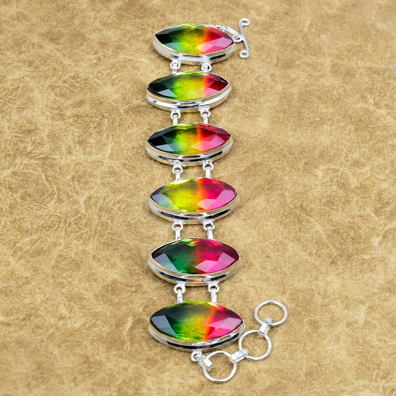 Natural Multi Tourmaline Handmade Bracelet 925 Sterling Silver Marquise Jewelry