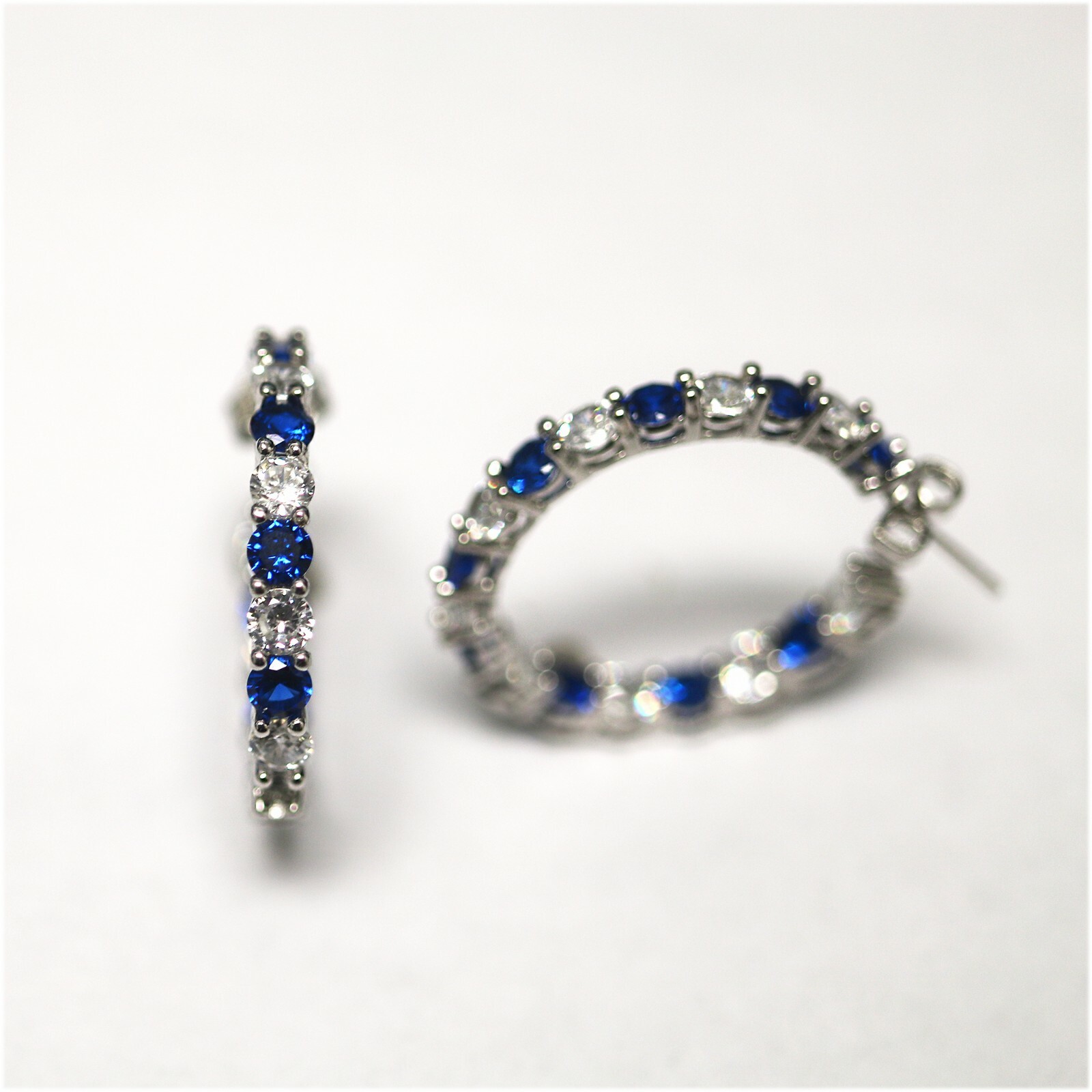 925 Sterling Silver White & Sapphire CZ Hoop Earrings Jewelry Gift For Women