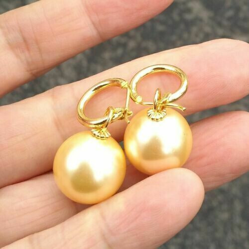 Huge AAAA 16mm Round natural south sea Golden shell pearl earrings 14K gold P