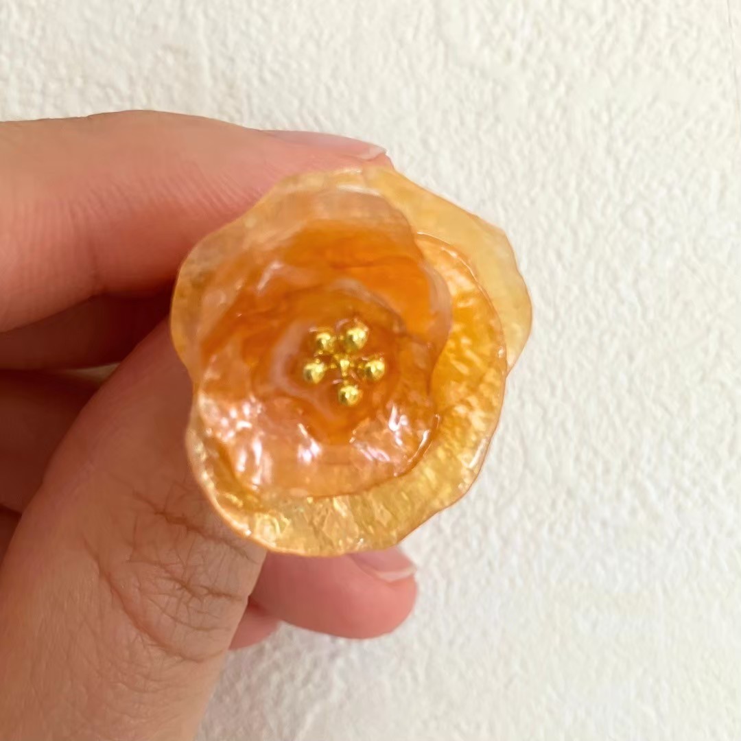 Handmade Orange Shell Flower Ring Adjustable Boho Statement Jewelry Gold Plated