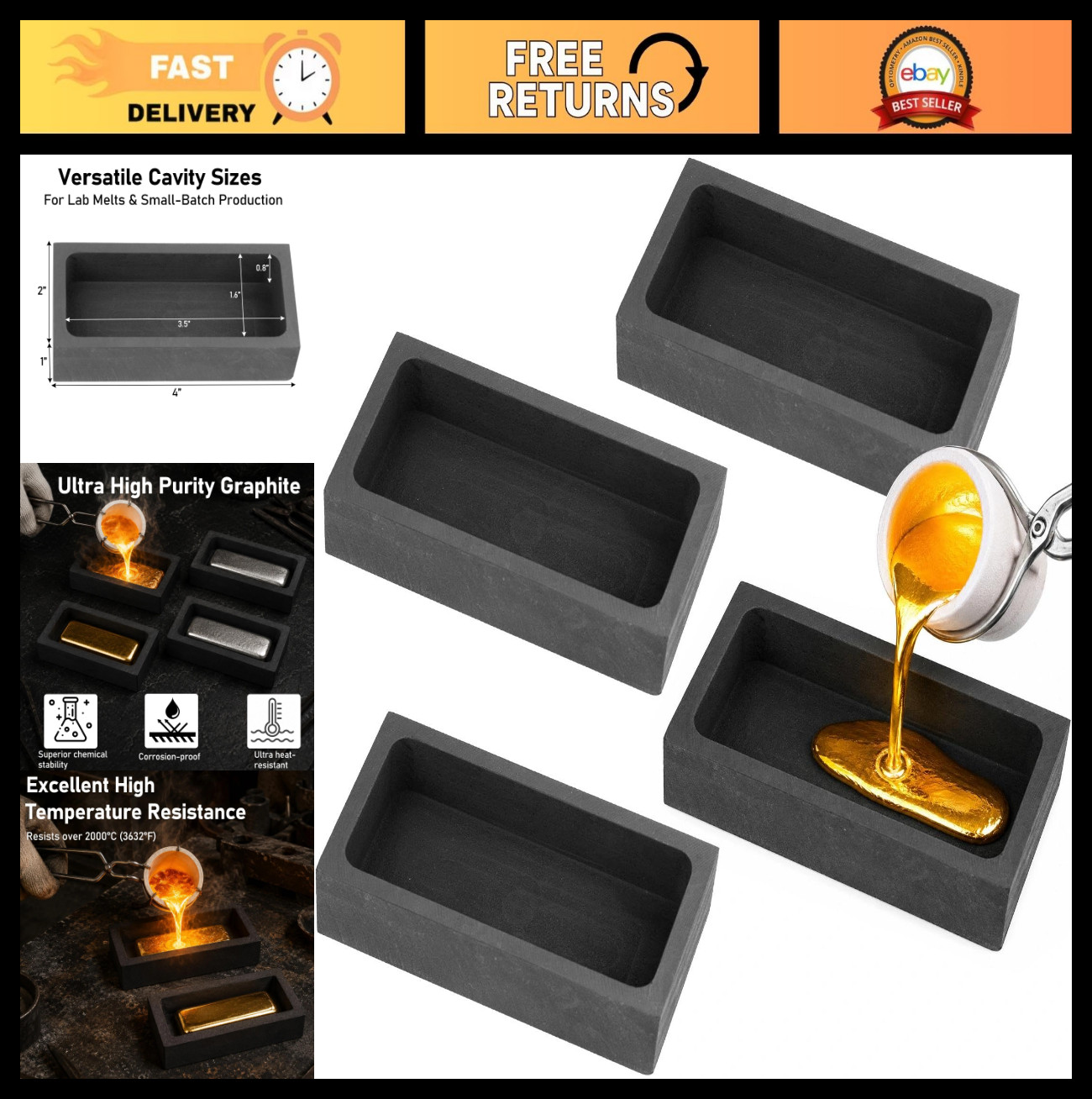 4 PCS High-Purity Graphite Molds for Metal Casting | Heat Resistant Up to 1800℃/