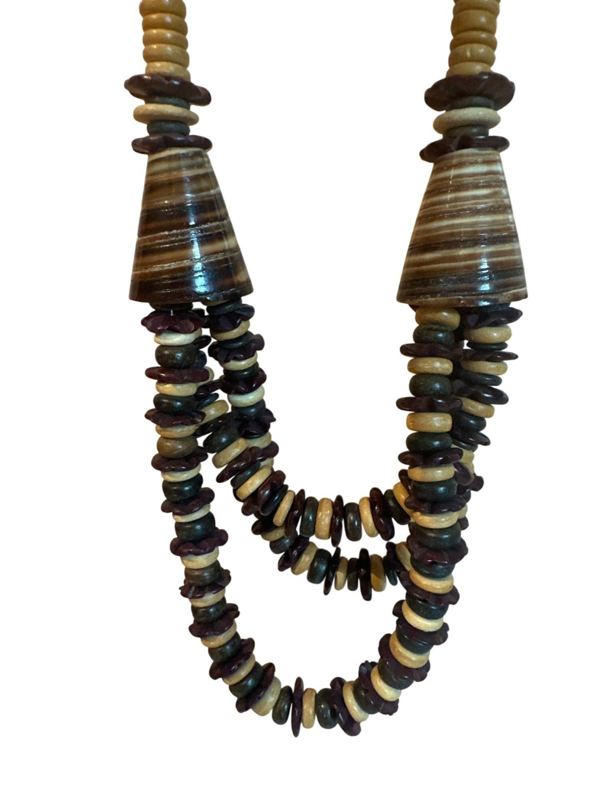 VTG Layered Wood Beaded Necklace Brown & Tan Cone Accents Safari Boho Chunky